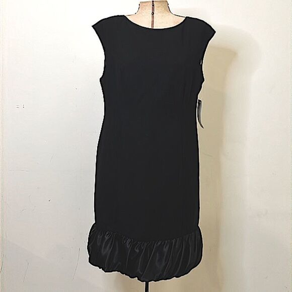 NWT Evan Picone Black Sheath Sleeves Dress with Ruffle Hem - Size 12 - Picture 1 of 14